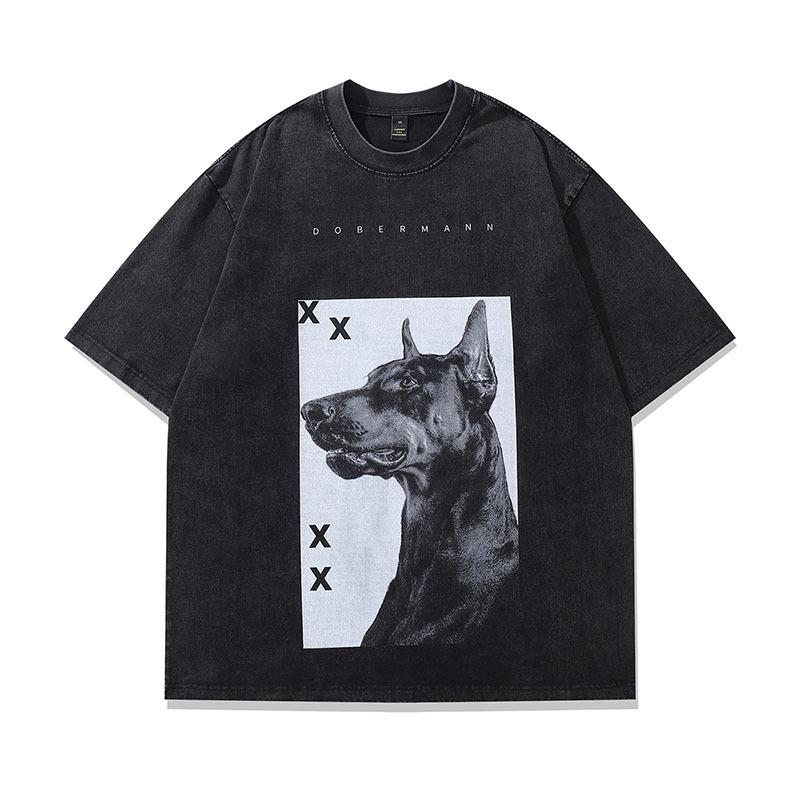 Винтажная футболка унисекс с круглым вырезом TKPA Doberman – Вываренная, Ретро уличный стиль, Свободный крой, Уличная одежда с коротким рукавом