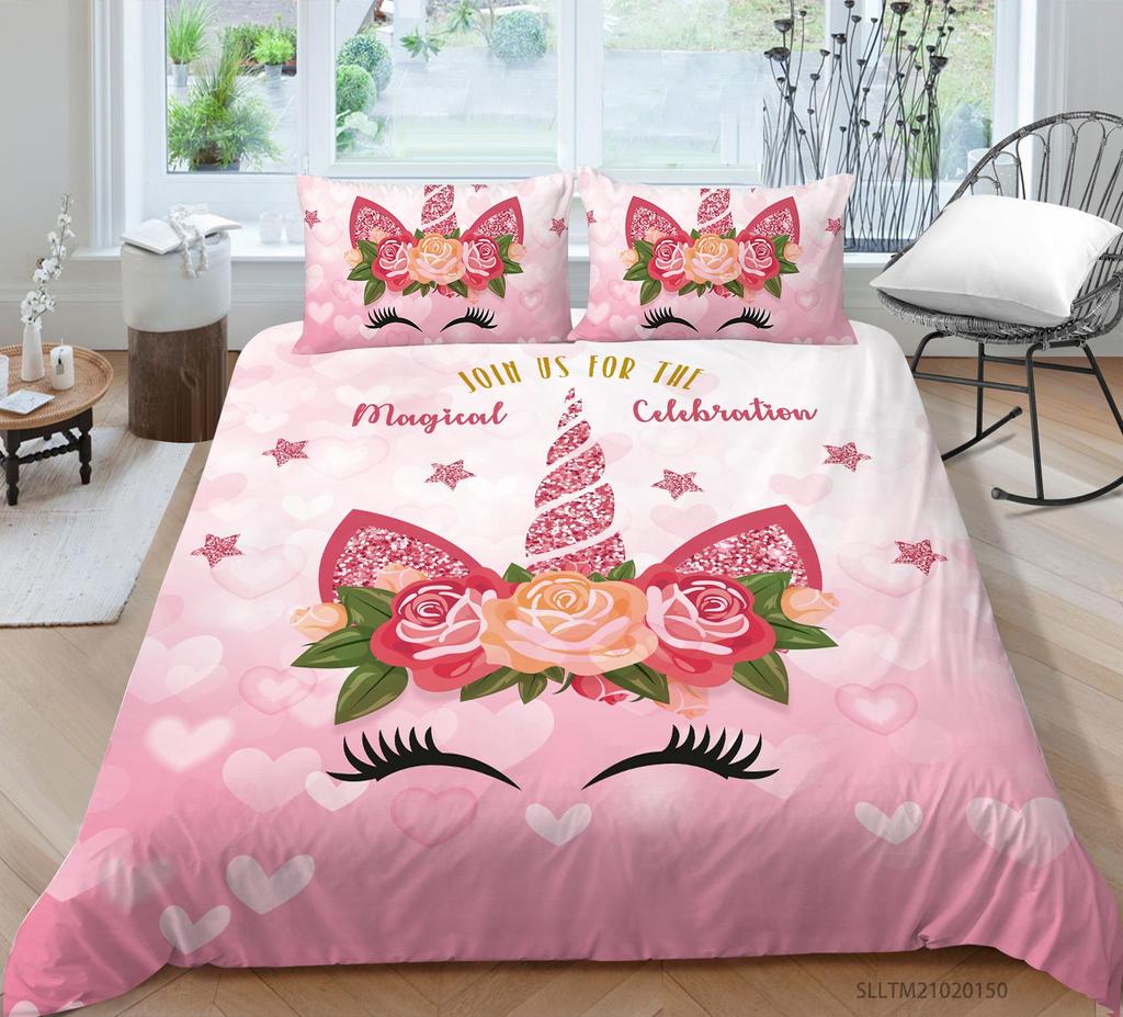 Unicorn Bedding Single Double Bed Full-size Cartoon Unicorn Printed Pillowcase and Quilt Cover 2 or 3 Home Decoration for Girls and Children's Room