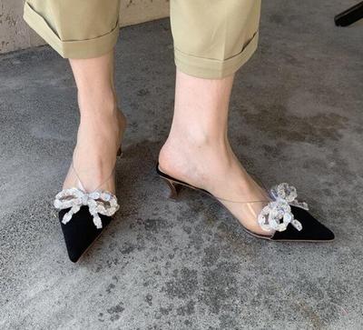 Модные новые летние осенние туфли женские с острым носком на высоком каблуке со стразами и квадратной пряжкой на тонком каблуке