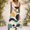 Women Plus Size Round Neck Sleeveless Blue Yellow Geometric Printed A Line Long Dress With Side Pockets