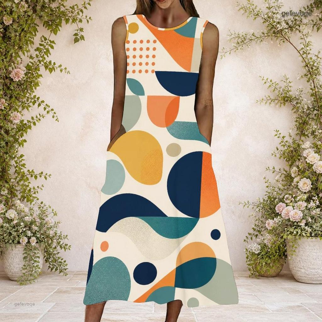 Women Plus Size Round Neck Sleeveless Blue Yellow Geometric Printed A Line Long Dress With Side Pockets