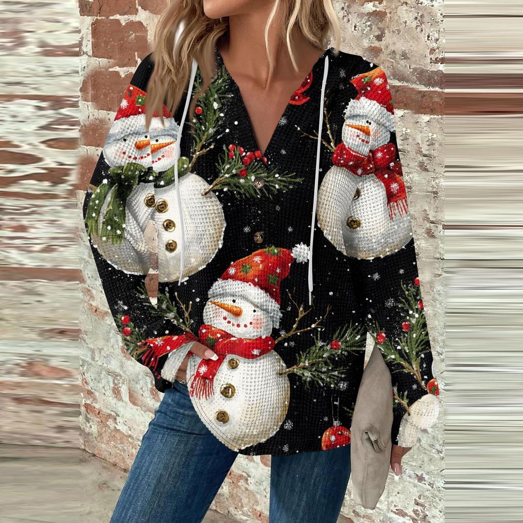 Женский повседневный топ с длинными рукавами, пуговицами, V-образным вырезом, рождественским принтом, завязками и капюшоном