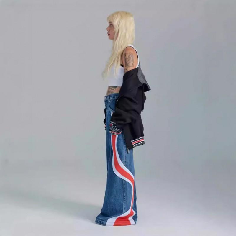 Womens High-Waisted Wide-Leg Denim Pants Streetwear Cropped Patchwork Contrast Color Loose Straight Fit