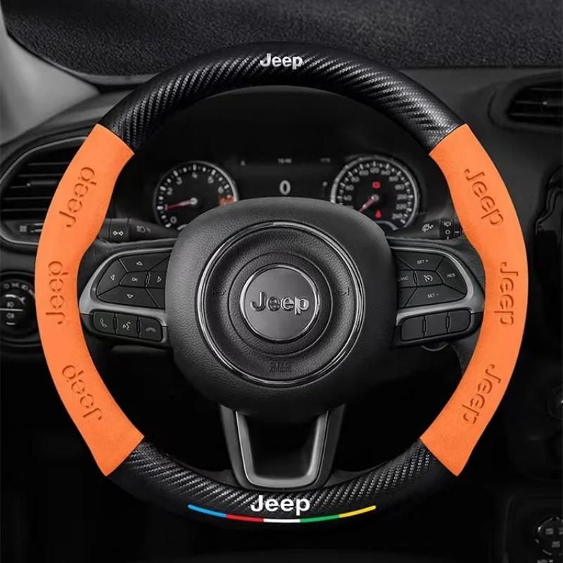 AQI1 Carbon Fiber Suede Car Steering Wheel Cover Anti Slip Car Interior Accessories For Jeep Wrangler Grand Cherokee Compass Renegade