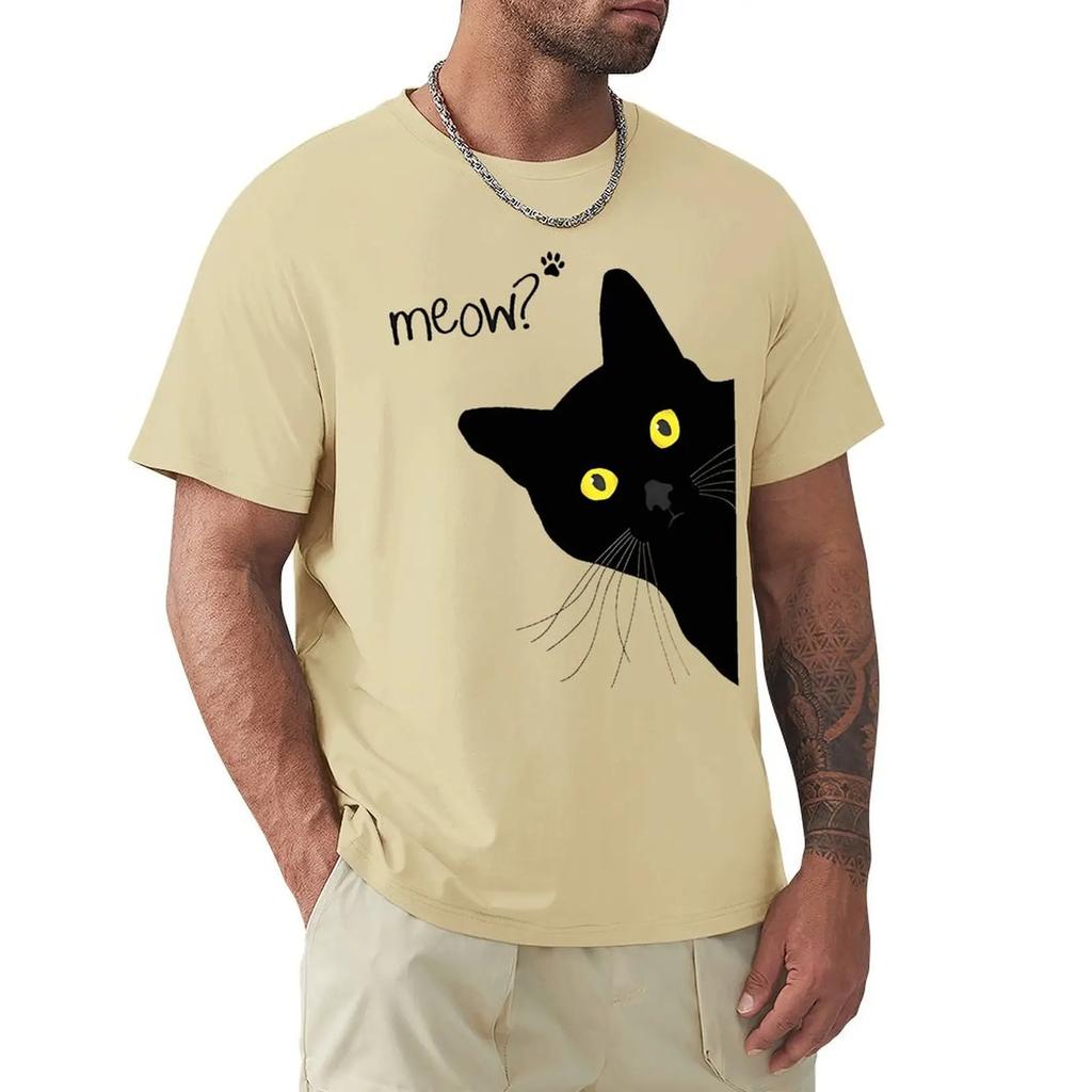 Мужские футболки с забавным принтом «Мяу, черный кот», дышащая футболка, летняя уличная одежда, топы, свободные хлопковые топы большого размера с коротким рукавом
