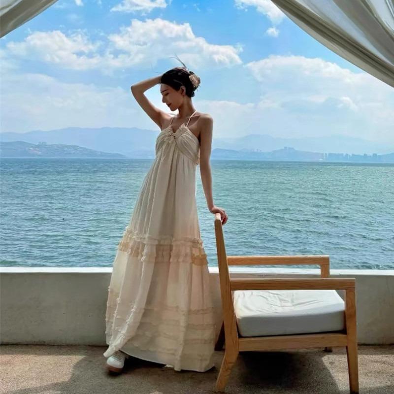 Tyrande Seaside Vacation Feeling Neck Suspender Dress Women's French Heavy Industry Sexy Backless Cake Dress