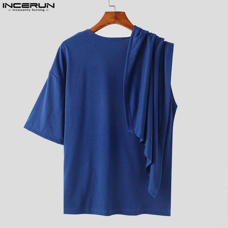 INCERUN Мужские нестандартные топы с рюшами, повседневные однотонные футболки из ткани