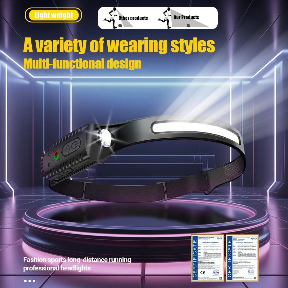 Индукционный налобный фонарь COB LED Сенсорный налобный фонарь Фонарик со встроенным аккумулятором USB Перезаряжаемый налобный фонарь 5 режимов освещения Фара