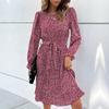 Spring and Autumn Women's Dress Long Sleeve Autumn Tie Printed Fashion Bottom Dresses