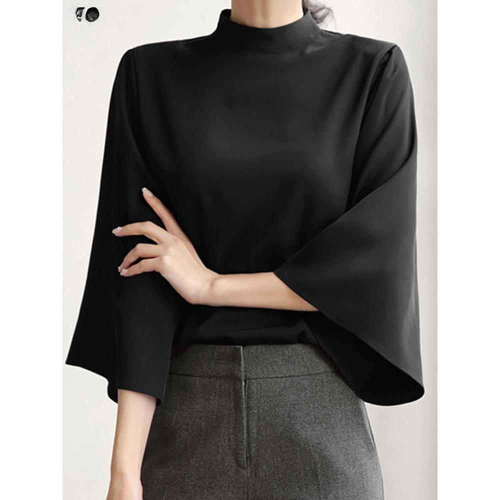 Модная женская блузка 2024 года, осенняя туника, топы, повседневные, воротник-стойка, расклешенные рукава 3/4, офисные элегантные рубашки, свободные блузы