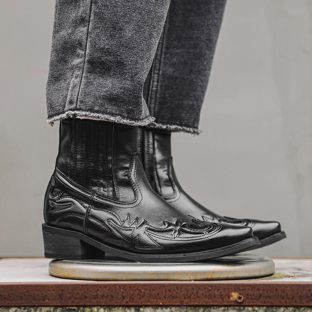 Классические ковбойские мужские сапоги в стиле вестерн, рыцарские кожаные туфли для мужчин, на молнии, из телячьей кожи, новые высококачественные удобные модные дизайнерские повседневные туфли для вечеринок и вечеринок