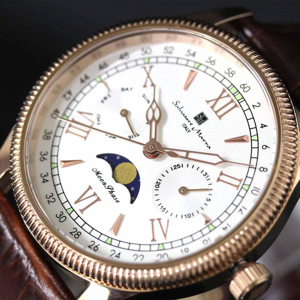 Часы Moon Phase Multi Calendar 5 ATM Waterproof Business Formal Leather Belt Limited Model Pink Gold White [Salvatore Mara] Men's SM24110-PGWH