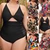 Женский сексуальный купальник большого размера с вырезами и рюшами на животе, монокини с кулиской, цельный купальник с принтом на шнуровке сзади, купальный костюм
