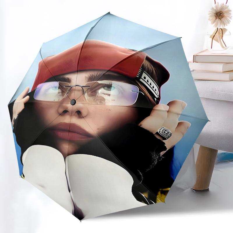 singer Billie Eilish3 Print Automatic Umbrella, 8 Rib Iron Frame, Plastic Handle, Suitable for Outdoor Travel &Daily , Ideal Gift
