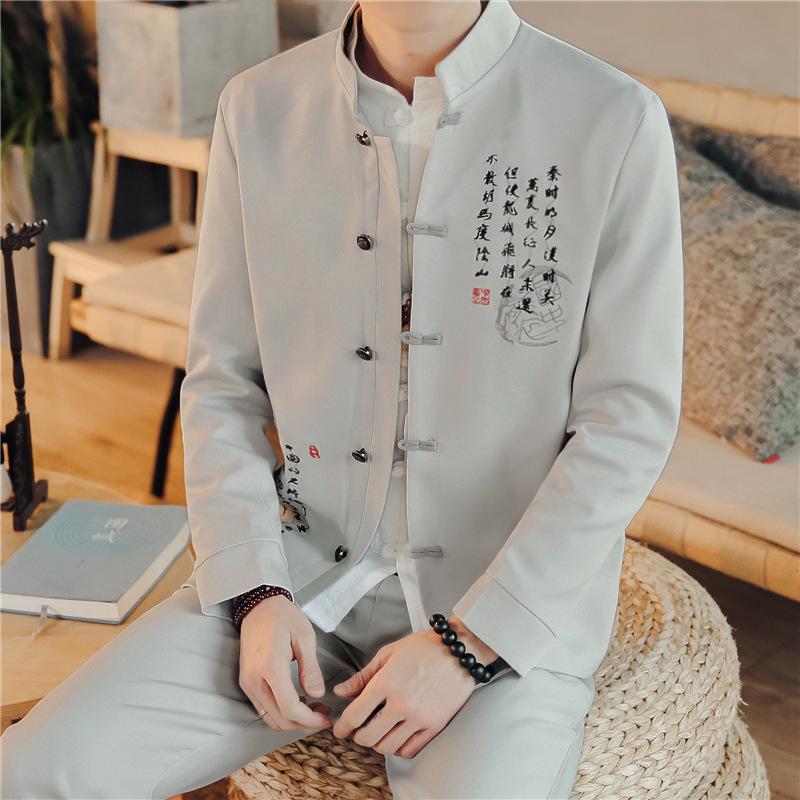 Комплект из 2 предметов, костюм, пальто, брюки, модный мужской повседневный бутик с воротником-стойкой, льняное платье в китайском стиле, блейзеры, куртка, брюки