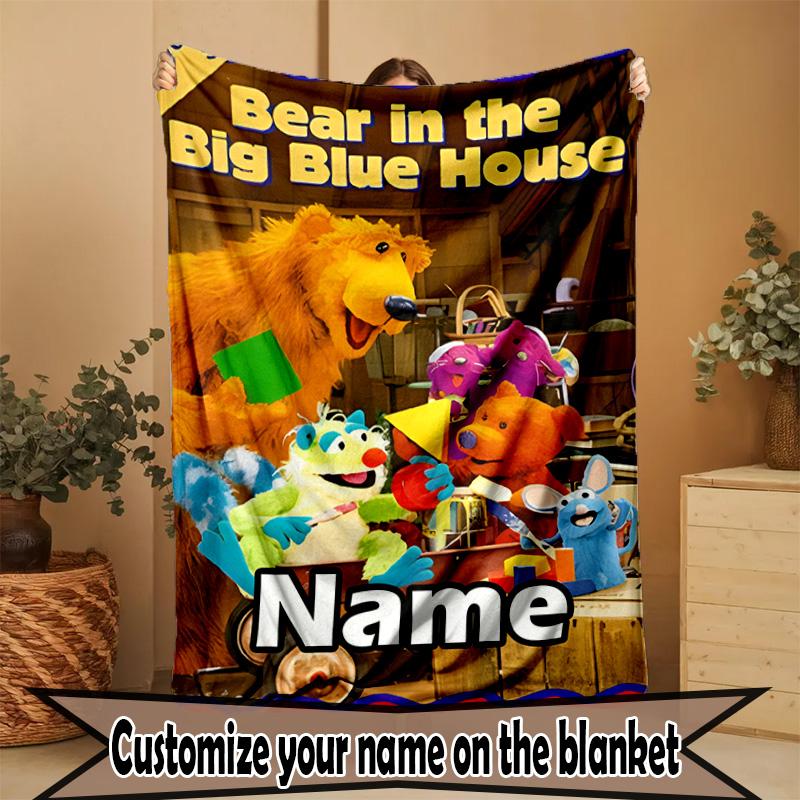 Custom Name Personalized Bear in the Big Blue House Print Blanket, Home Decor, Bedroom, Sofa, Camping, Couch, Gifts for Birthday Christmas