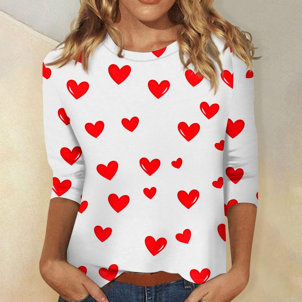 Женские топы с рукавом три четверти и круглым вырезом, свободная футболка с принтом ко Дню святого Валентина