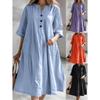 Women Summer Long Dress Button V-Neck Half Sleeve Maxi Dress Casual Plus Size Cotton Linen Dress