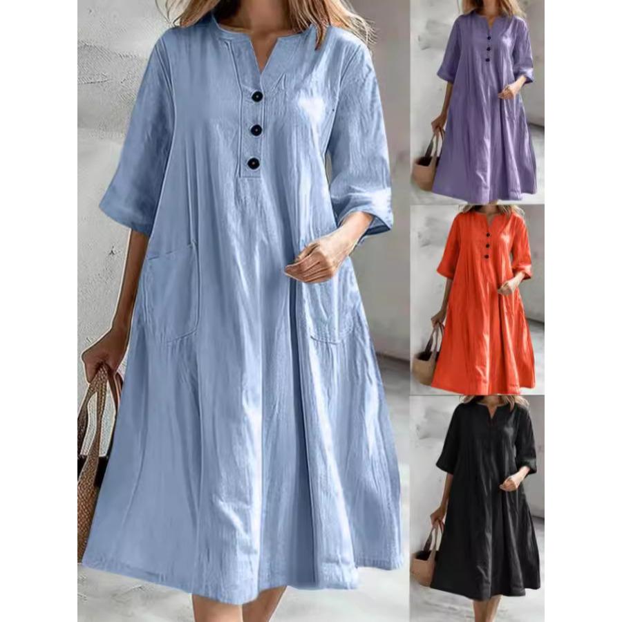 Женские модные платья на 3 пуговицах с V-образным вырезом, повседневные, больших размеров, с коротким рукавом, свободные, однотонные, из хлопка и льна