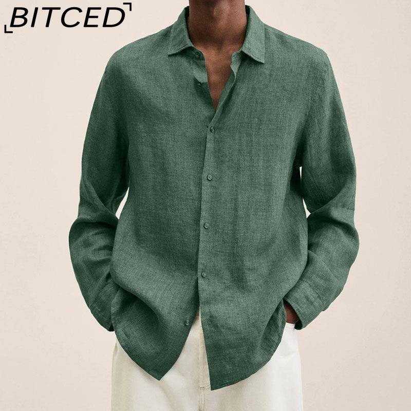 BITCED Кардиган-рубашка на пуговицах с длинным рукавом, свободного кроя, из смесовой хлопково-льняной ткани, для мужчин, на все сезоны