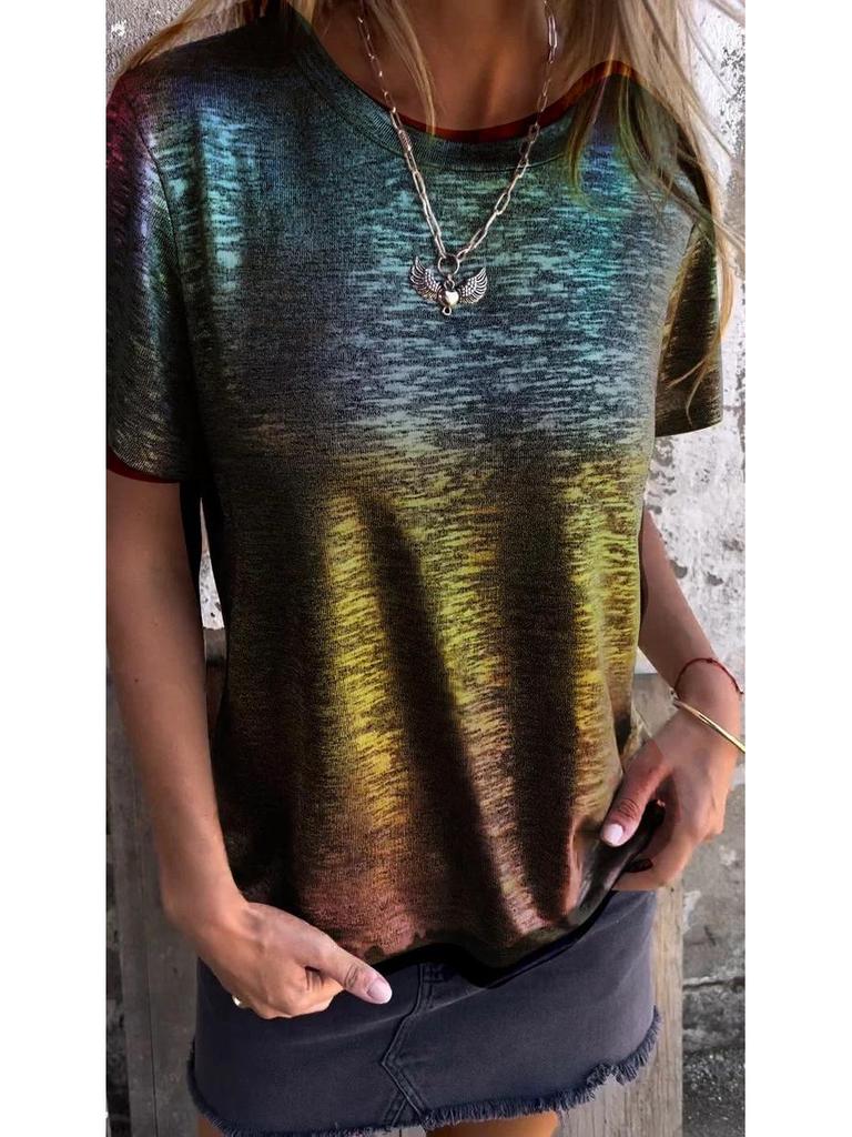 Женская летняя трансграничная европейская и американская футболка с круглым вырезом, коротким рукавом и горячим тиснением 2024