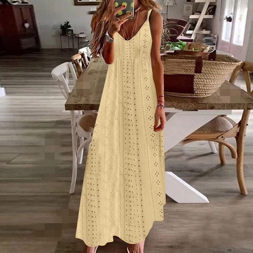 Women's Hollowed Out Vacation Long Dress Color Sleeveless Suspender V-neck Dress