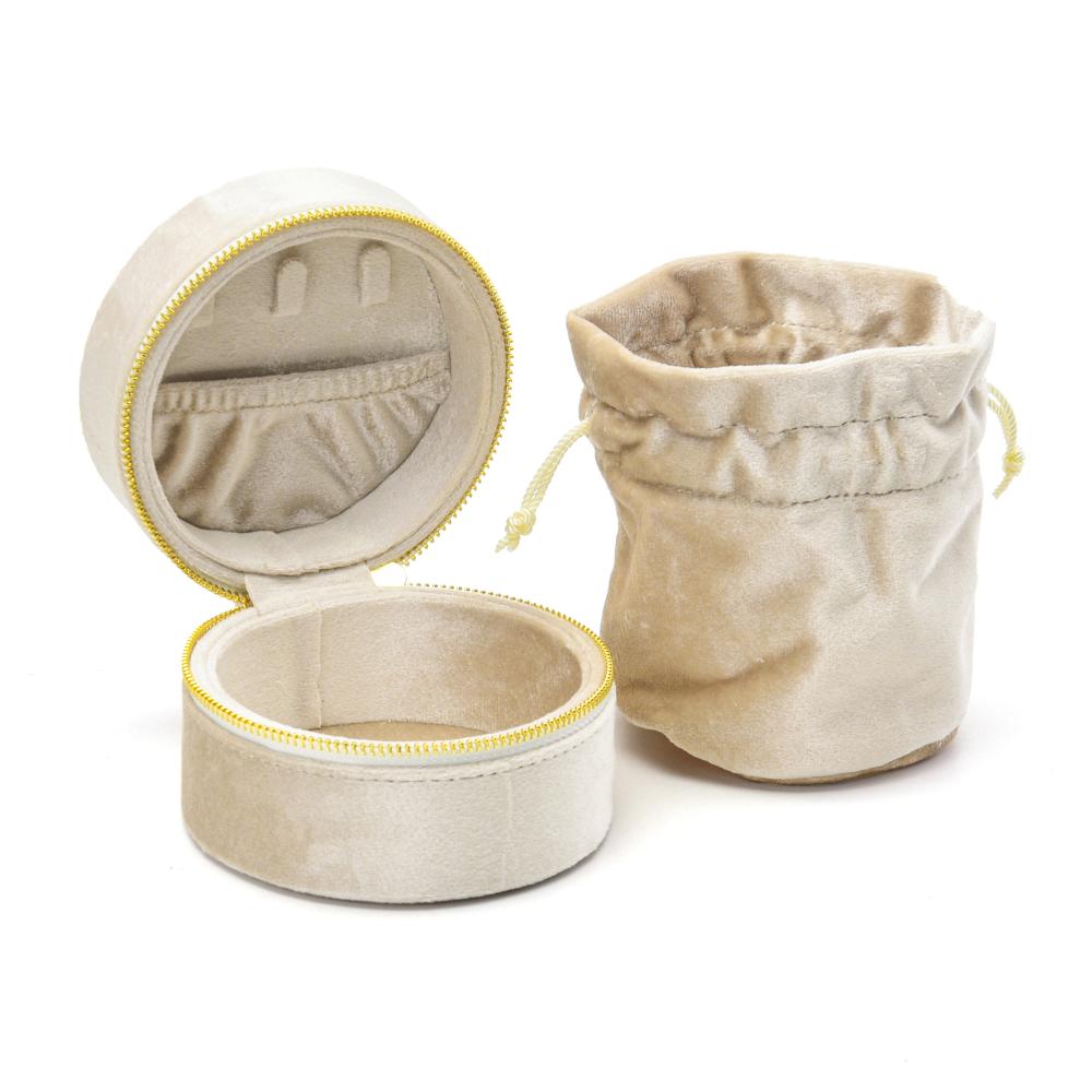 New Round Zipper Luxury Velvet Jewelry Box with Drawstring Pouch Portable Ring Earrings Necklace Jewelry Storage Box Custom Logo