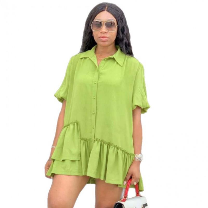 Plus Size Short Sleeve Collar Shirt Dress Women Solid Color A-Line Mini With Single Button Front Loose Fit