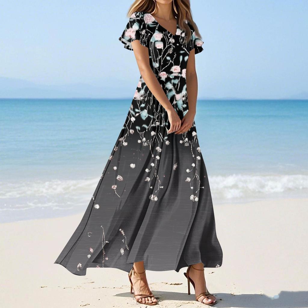 Женские повседневные модные длинные платья с принтом, платья с V-образным вырезом и коротким рукавом