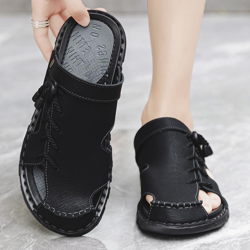 Men Leather Water Beach Sandals Summer Outdoor Casual Closed Toe Sports Sandals Non Slip Soft Hiking Wading Sneakers Comfortable