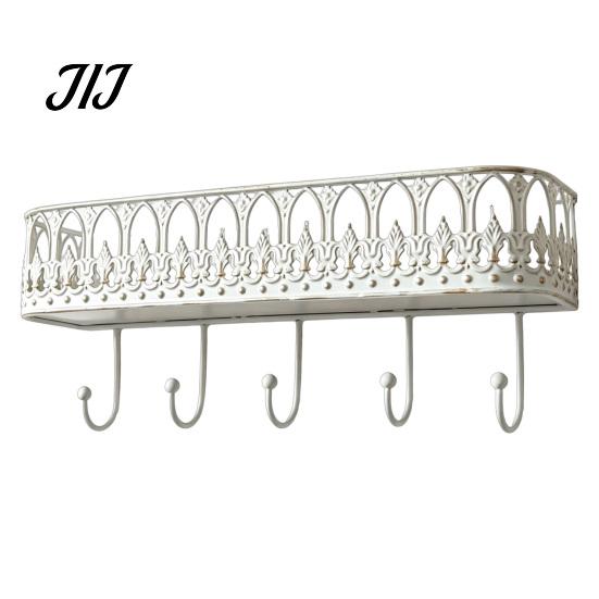 Wall Mounted Storage Rack Floating Shelves, Metal Shelf with 5 Hooks, Key Holder Entryway Organizer Hooks Mail Organizer, for Living Room Bedroom