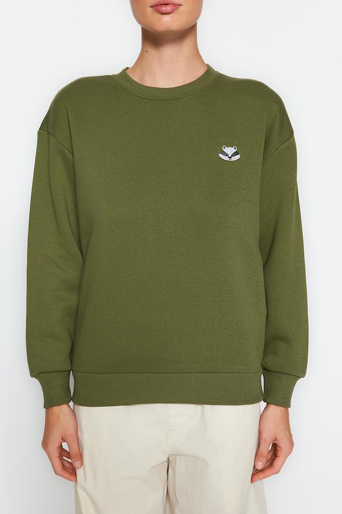 Женская модная новая толстовка цвета хаки с вышивкой животных, обычная нормальная посадка, толстая внутри, флисовая вязаная толстовка