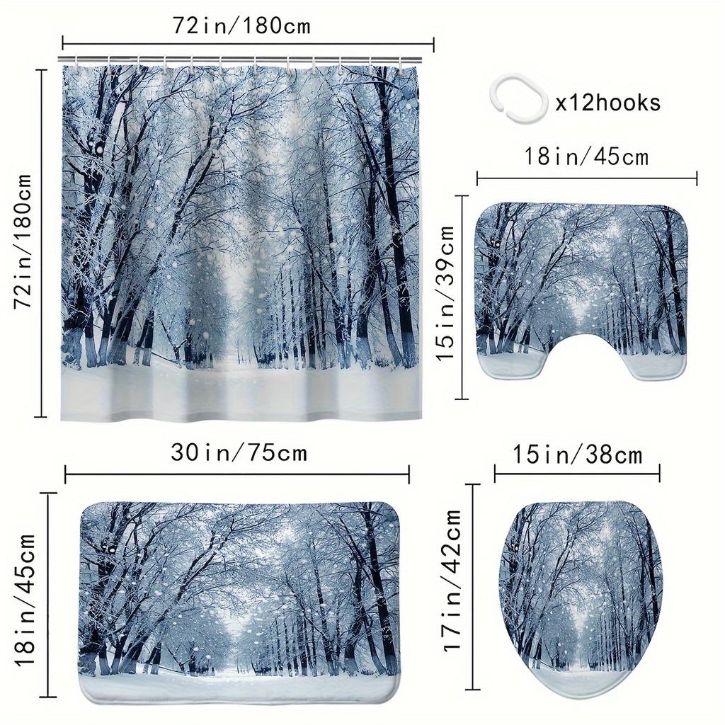 4pcs Winter Forest Shower Curtain Set Decorative Bathroom Set Waterproof Non-Slip Carpet Toilet Cover Bath Mat 12 Hooks