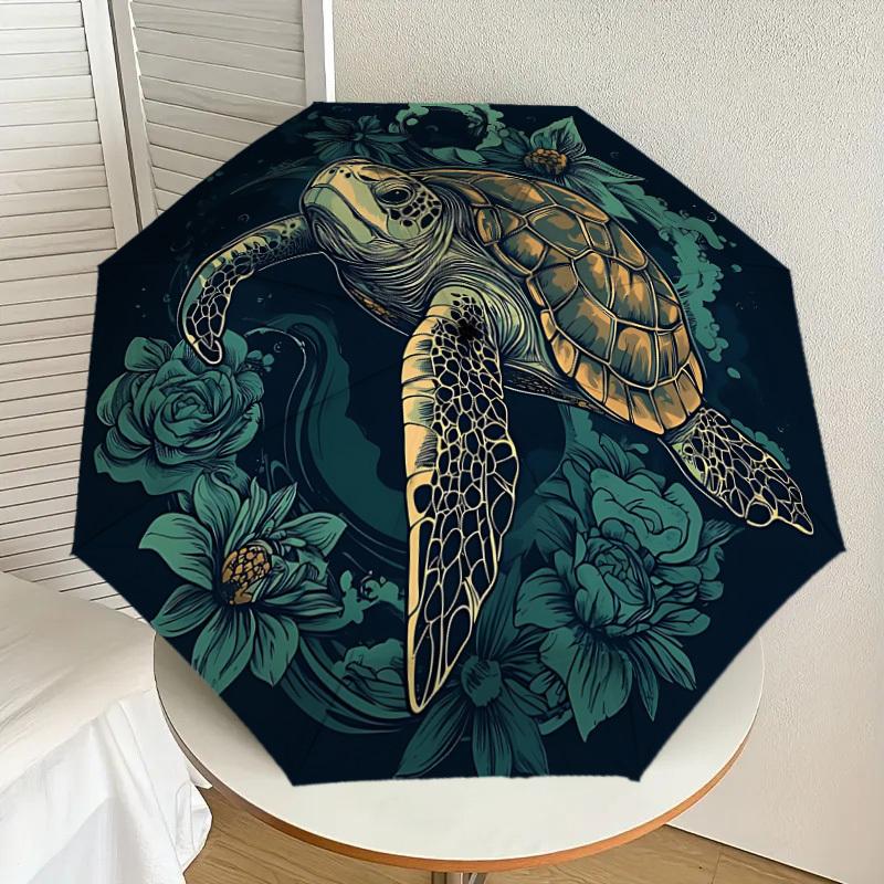 1pc Turtle Floral Print Fashionable Automatic Opening/Closing Folding Umbrella with 8 Iron Bones, Plastic Handle yy251015052