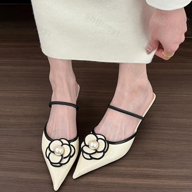 Fashion Woman Flower Pointed Toe High Heels Women Female Summer Elegant Fashion Pumps Flower Mule Slippers Women Luxury Designer Sandals
