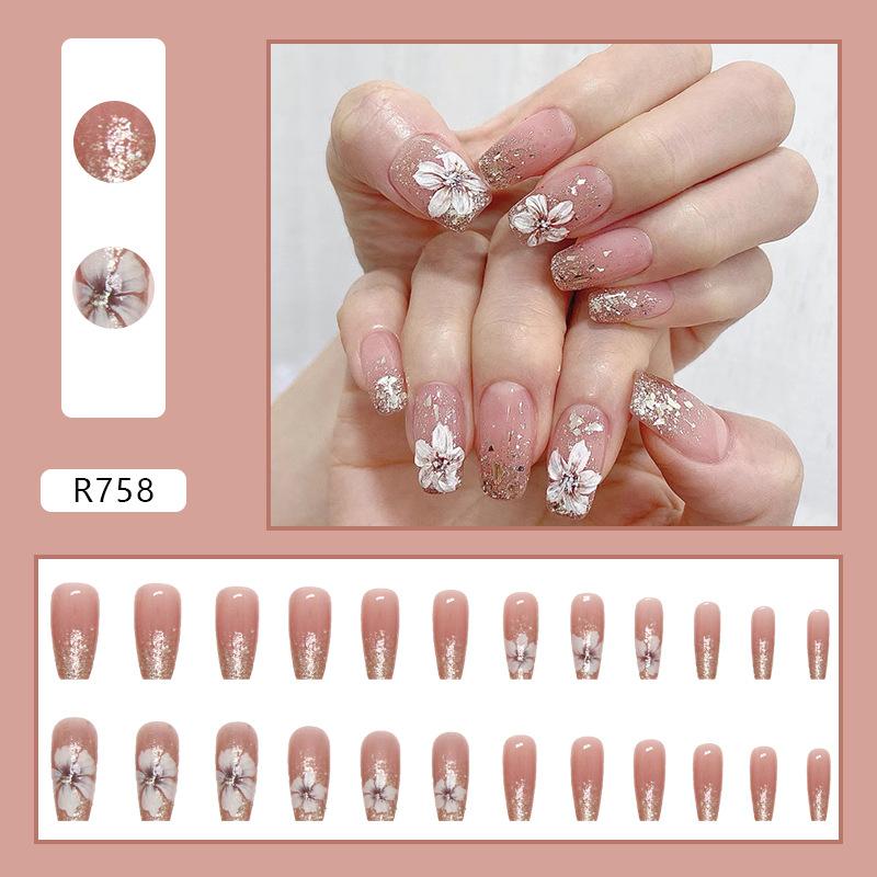 24 Pcs Medium and Long Explosive Retro Natural Camellia Wearable Fake Nails Sweet Girl Special Nail Patch