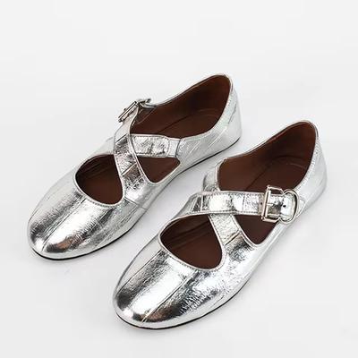 Туфли TRAF женские серебристые кожаные туфли в стиле бабушки в стиле ретро с перекрестными ремешками и небольшим носком на плоской подошве, повседневные удобные туфли на плоской подошве для женщин