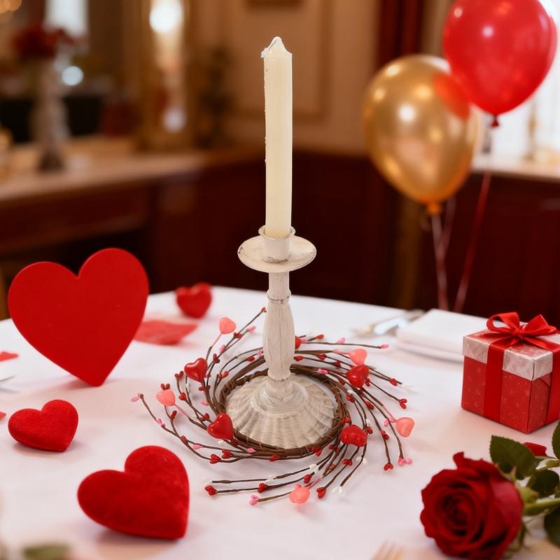 Valentine Candle Rings Wreaths Heart Berries Candle Holders Mini Wreaths for Party Wedding Window Table Centerpieces