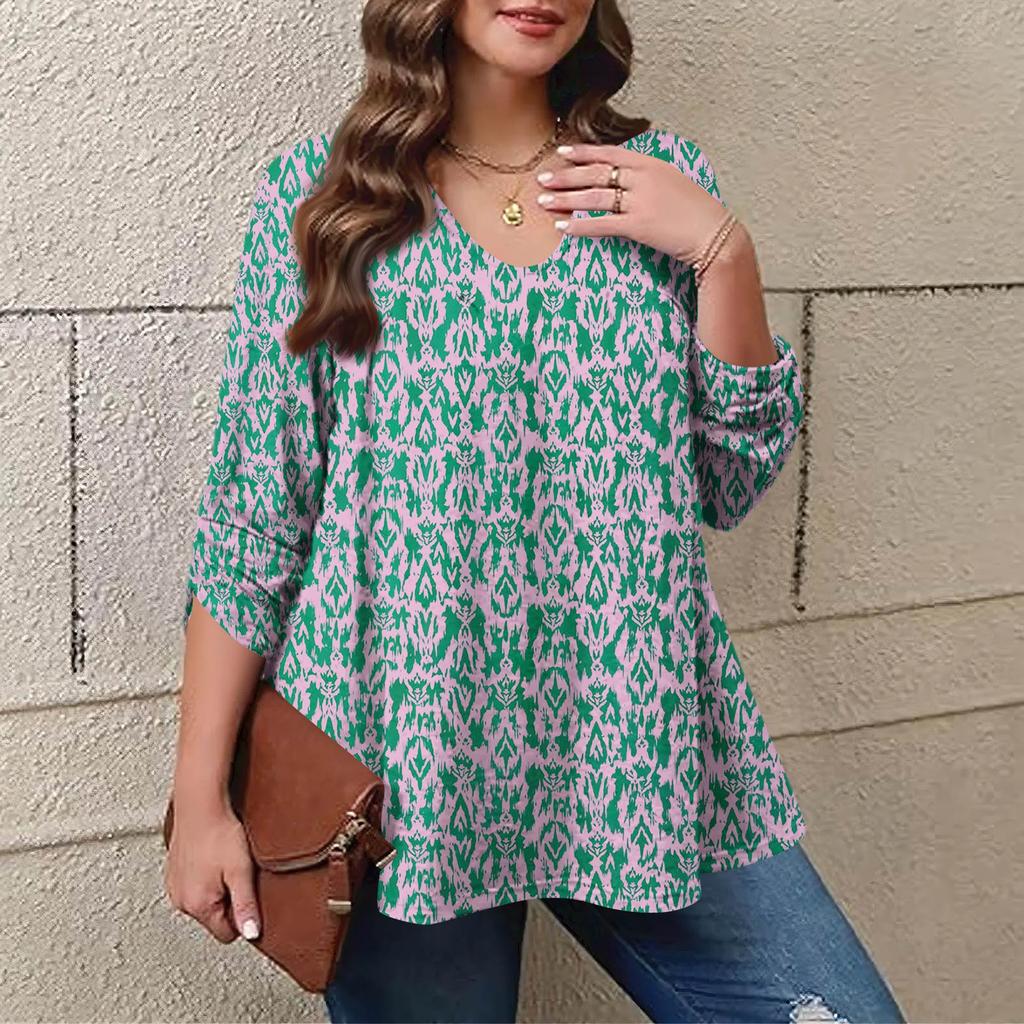 Women's Plus Size Fashion Printed Casual Pleated Round Neck Long Sleeve Top