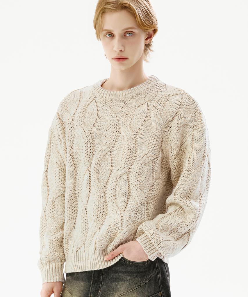 TRILLION Washable Big Cable Oversized Crew Neck Knit [Ivory]