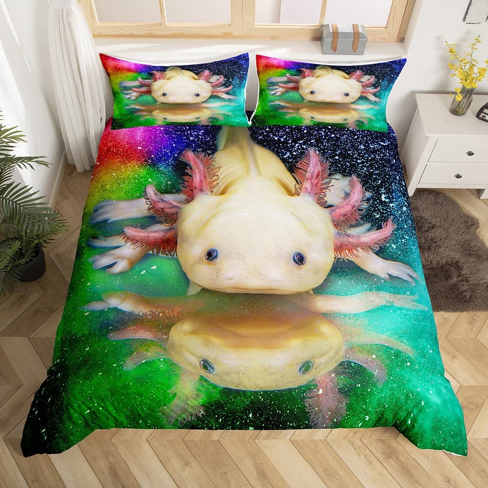 Мультяшный аксолотль Комплект пододеяльника King/Queen Size Детский Для девочек Мальчиков Милый Радужный Морская дикая природа Животное Рептилия Комплект постельного белья