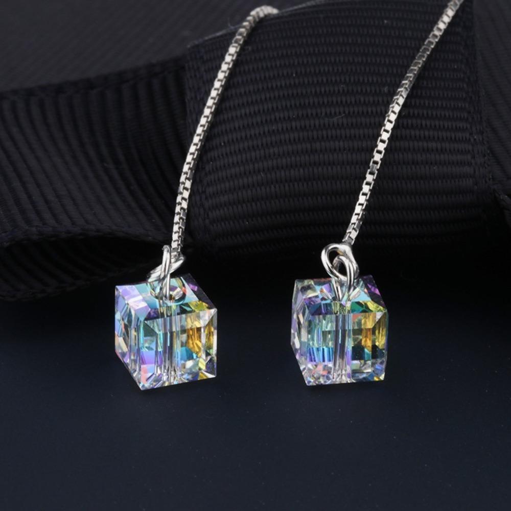 Korean Temperament Aurora Cube Sugar Crystal Sliver Color Snake Chain Long Tassel Ear Thread Dangle Earrings for Women Jewelry