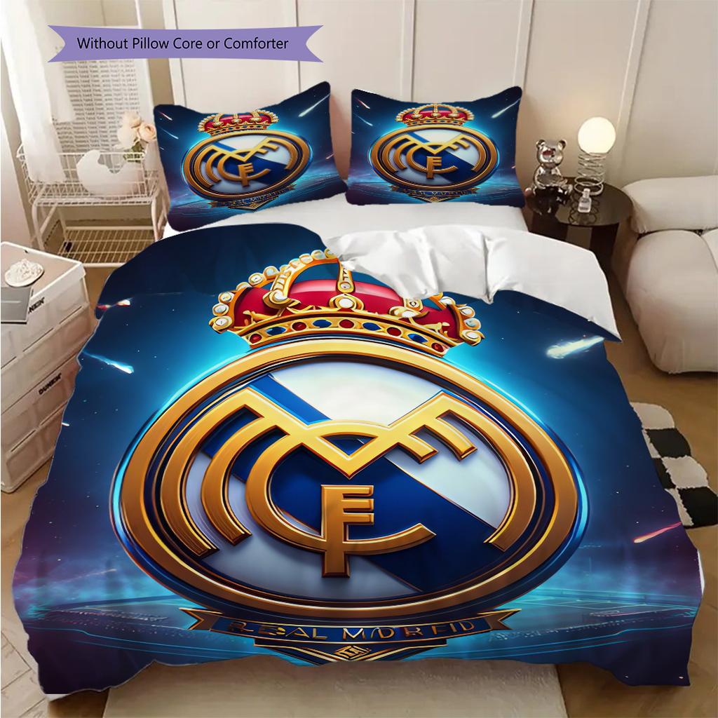 Комплект постельного белья с узором ФК Реал Мадрид Одеяло Покрывало Наволочка Домашний Декор Подарок на День Рождения (1 пододеяльник + 2 наволочки, без наполнителя)