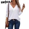 Women's Top Fashion Casual V-neck Long Sleeve Button Hollowed-out Lace Embroidery Shirt