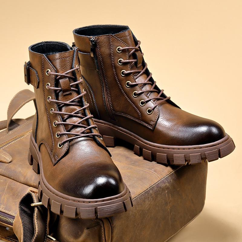 Genuine Leather Men Boots Fashion Casual High-top Boots British Style Short Boots for Men Plush Warm Winter Booties Botas Hombre