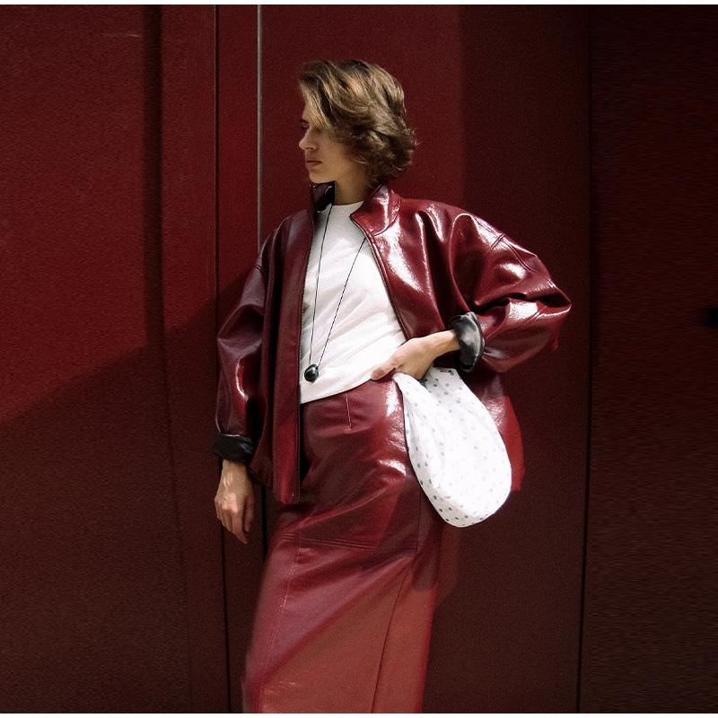 Женская зеленая кожаная куртка со стойкой воротником, модная, на молнии, длинная, свободного кроя, верхняя одежда, шикарная, 2025, новая осенняя мода, уличный стиль, женская одежда