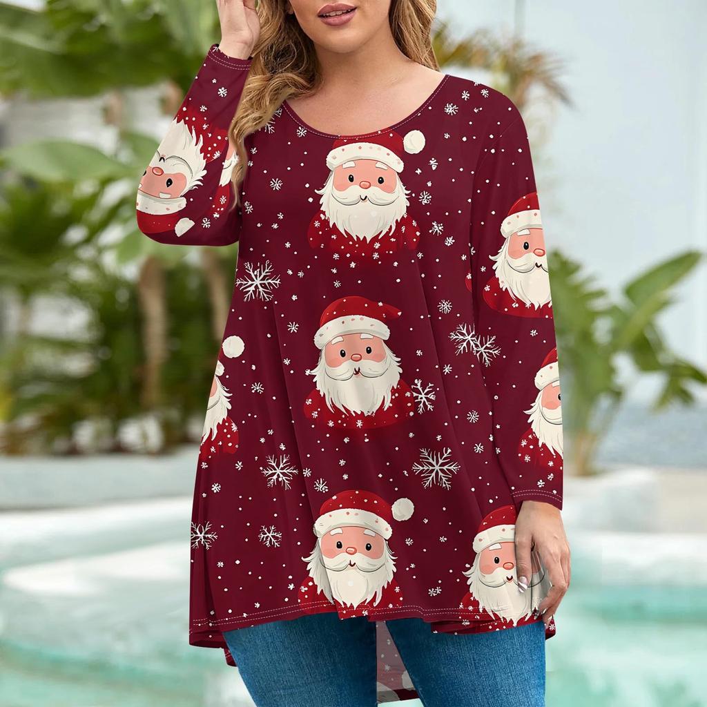 Женская мода большого размера с круглым вырезом и длинным рукавом, повседневный свободный пуловер с рождественским принтом