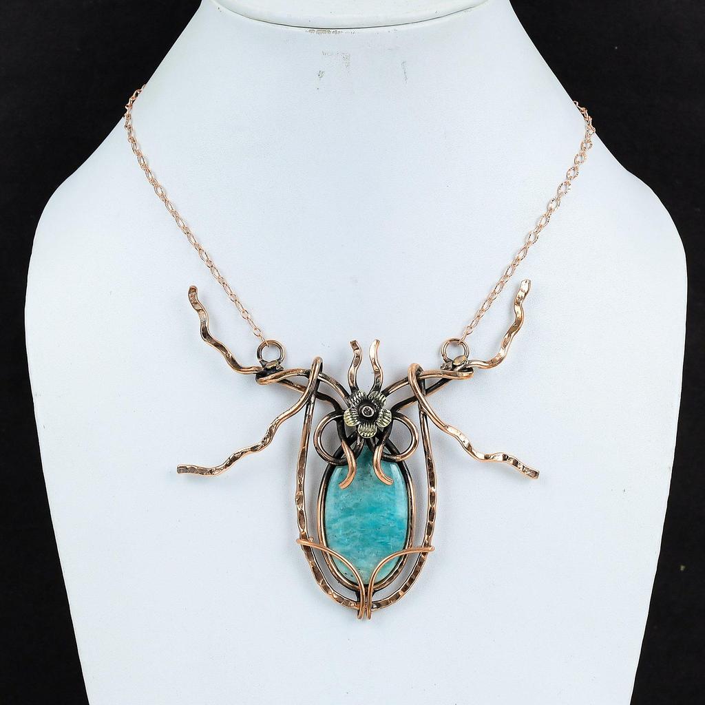 Амазонитовое ожерелье, медная проволока, обернутая регулируемой цепочкой, ожерелье, драгоценный камень, медные украшения, ожерелье ручной работы, дизайн ювелирных изделий, подарки для нее