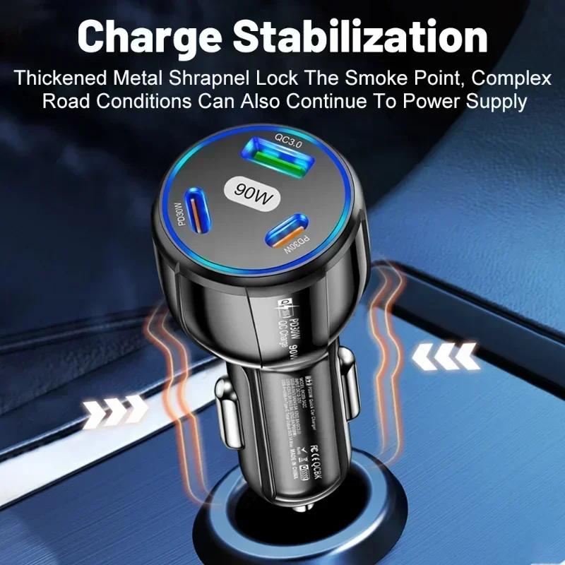 90 Вт 3-в-1 Автомобильное зарядное устройство QC3.0 PD Type C USB Быстрая зарядка для мобильного телефона для iPhone Xiaomi Samsung Адаптер автомобильного быстрого зарядного устройства Инструменты
