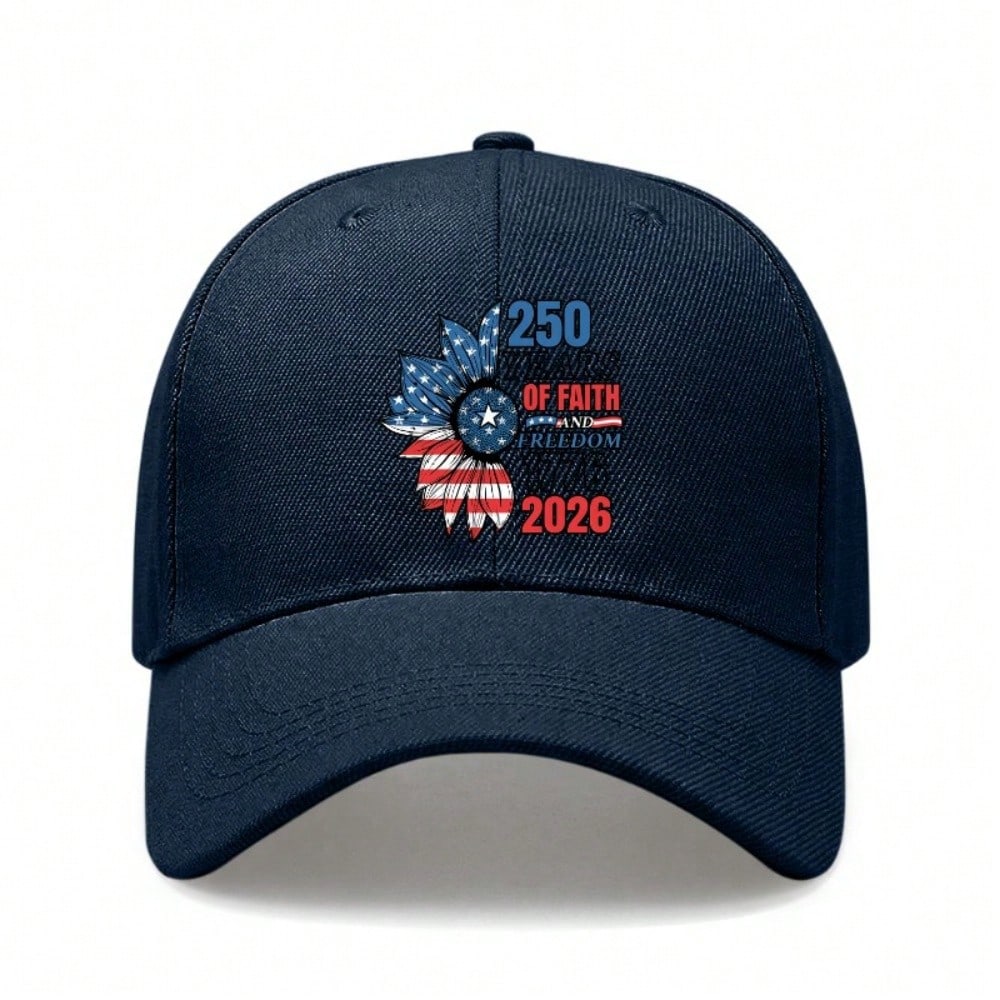 [Patriotic Baseball Cap] 250Th Anniversary Unisex "250 OF FAITH & FREEDOM 2026" Print Black Polyester Adjustable Breathable Lightweight Casual